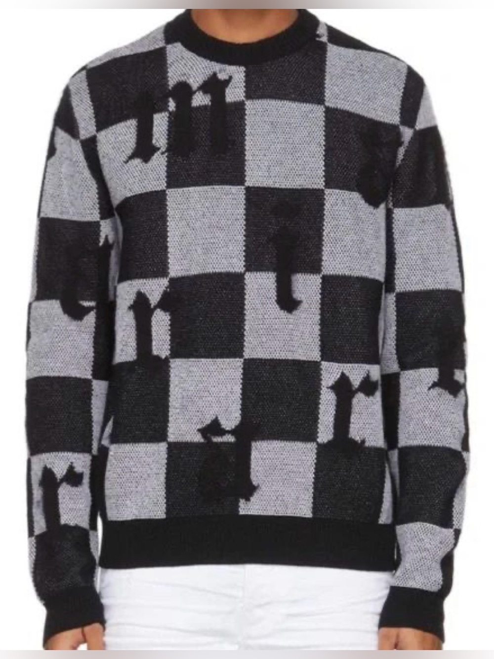 $1090 Amiri Logo Check Checker Board Cashmere Crewneck Sweater Black White Italy